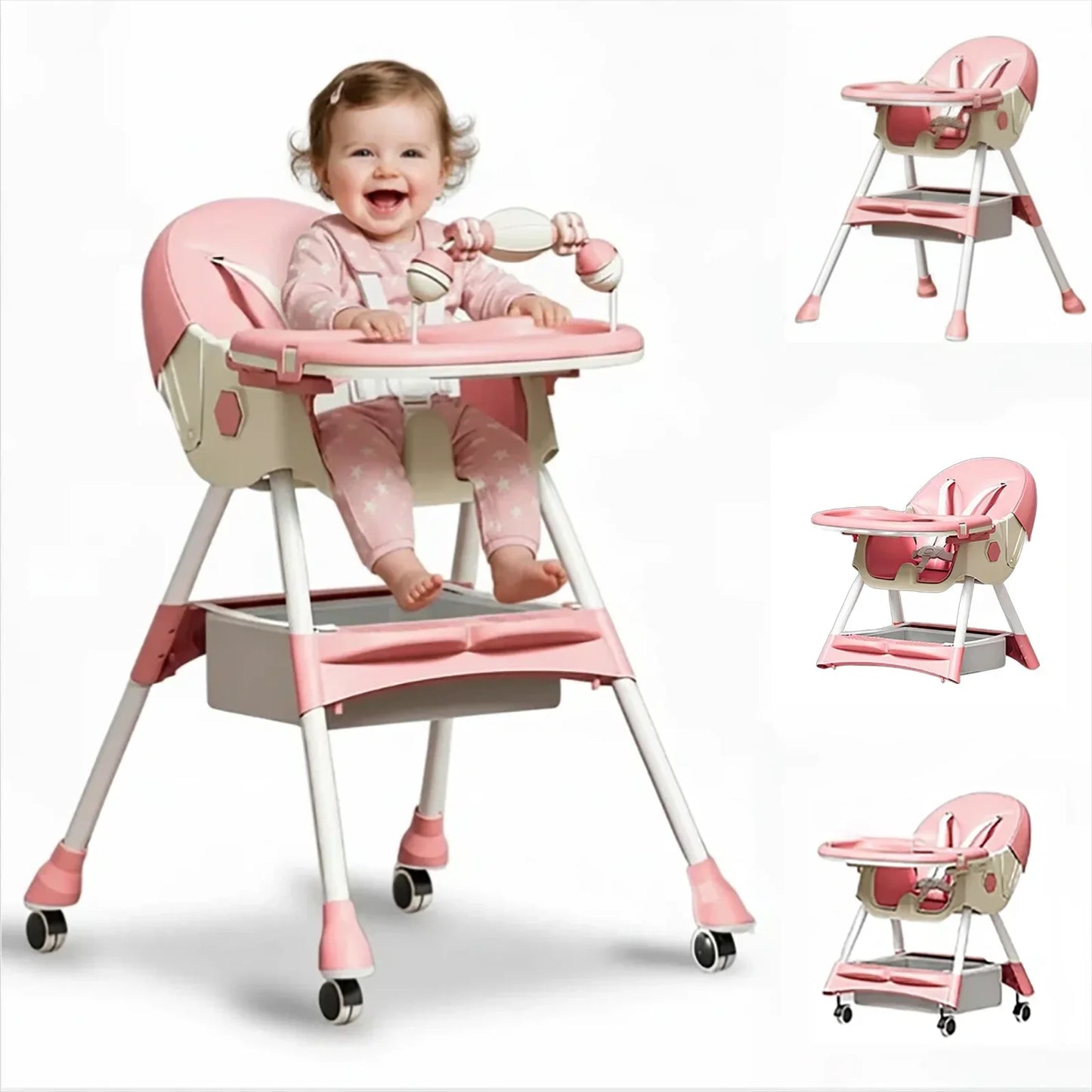 Foldable Baby High Chair 4 In 1 With Durable Toyrack