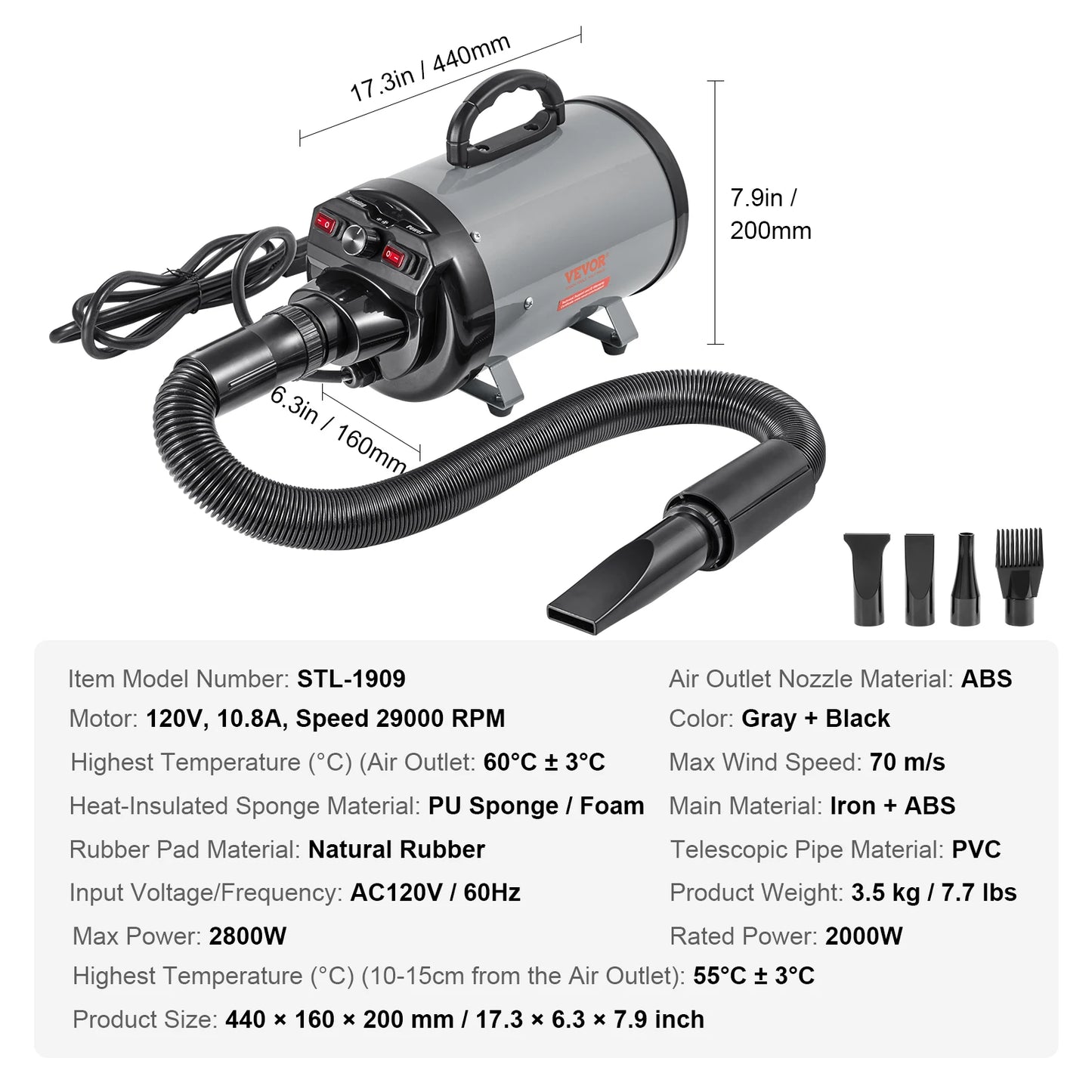 SucceBuy 2000W Dog Grooming Dryer With Adjustable Speed 4 Nozzles