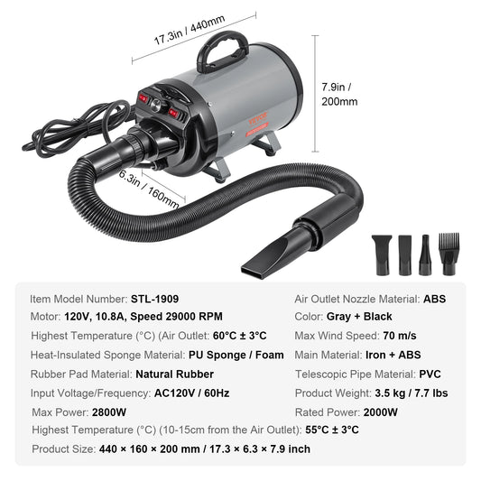 SucceBuy 2000W Dog Grooming Dryer With Adjustable Speed 4 Nozzles