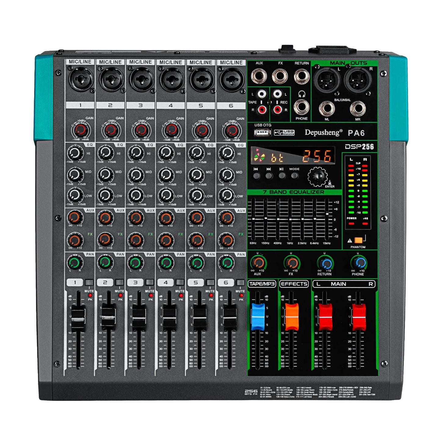 Depusheng 6 Channel Audio Mixer USB 48V Phantom Power