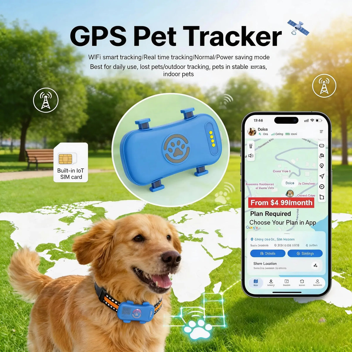 Wanwaytech 4G GPS Pet Tracker For Dogs With IP67 Waterproofing