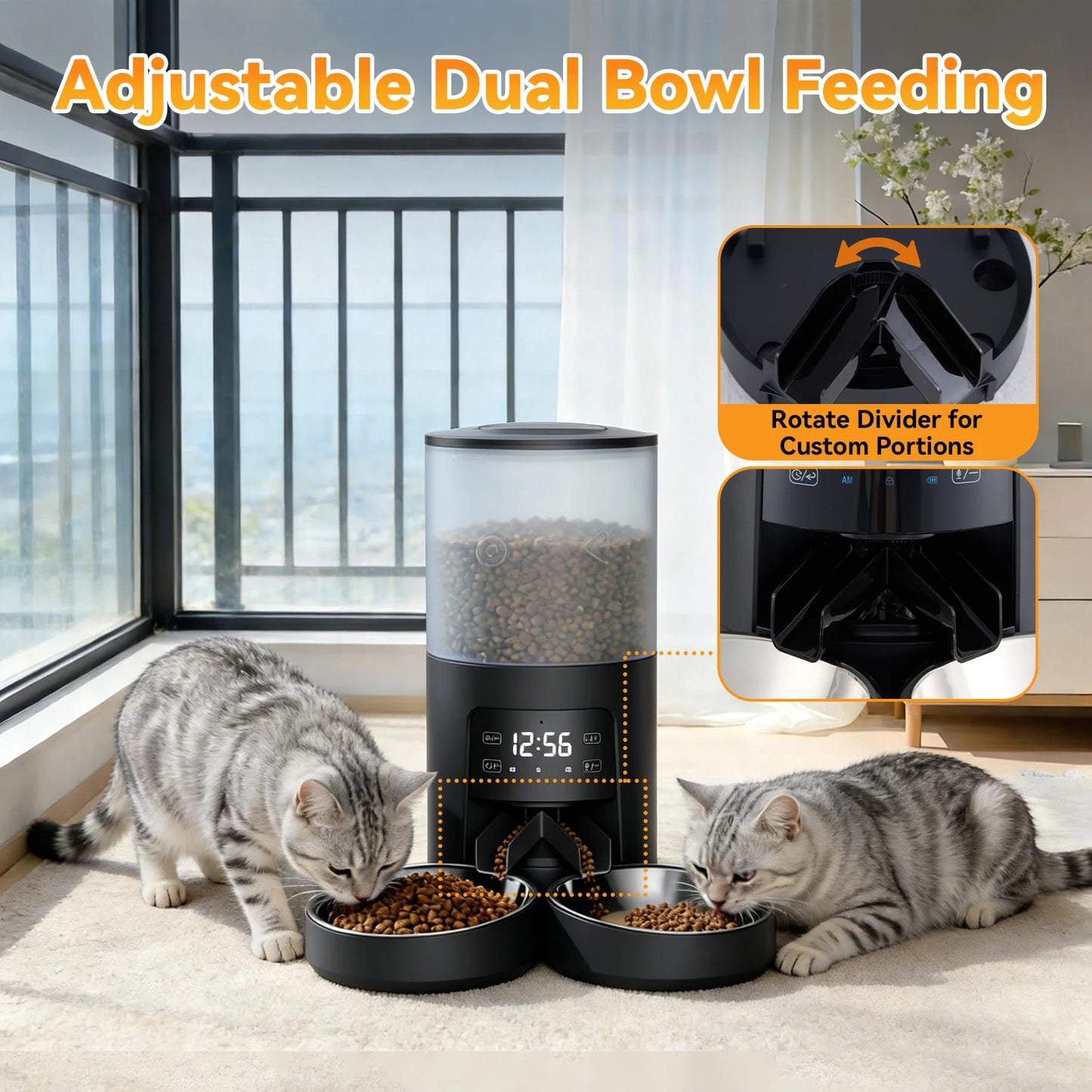 Automatic Cat Feeder With Dual Stainless Bowls Timed Dispenser