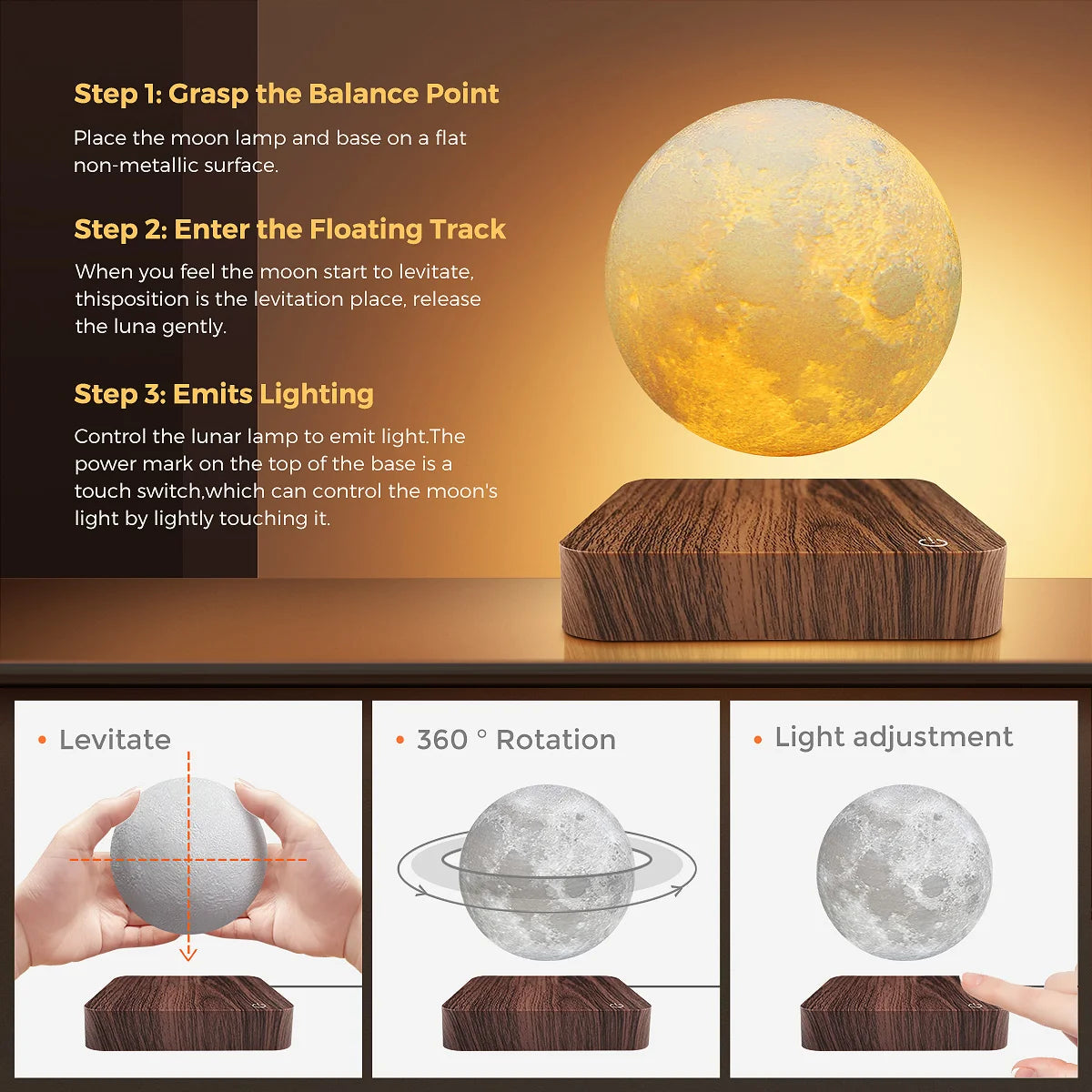 Mexllex Magnetic Floating Rotating Moon Lamp With Wooden Base LED