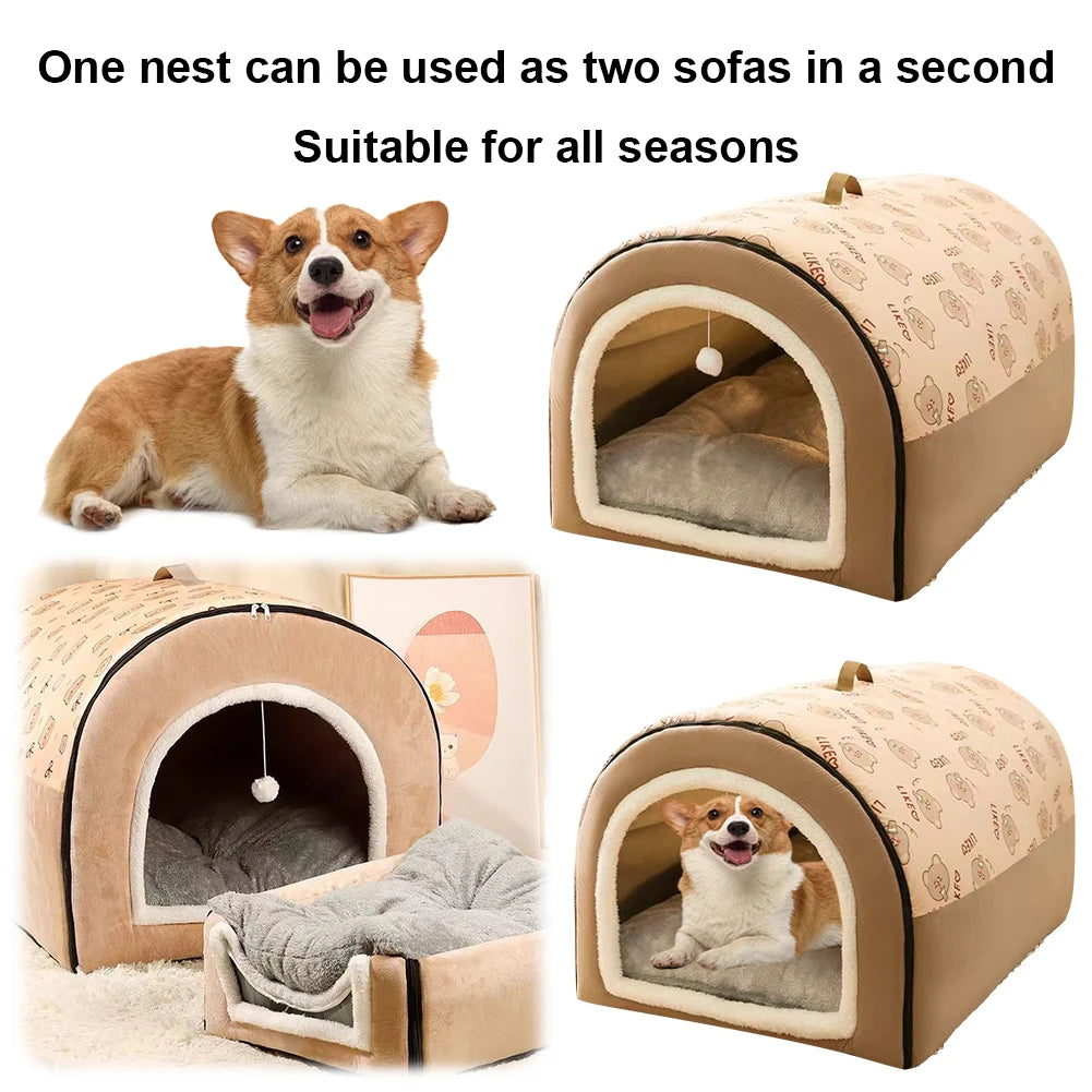 Warm Winter Dog House Mat and Detachable Cave Shelter Bed