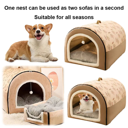 Warm Winter Dog House Mat and Detachable Cave Shelter Bed