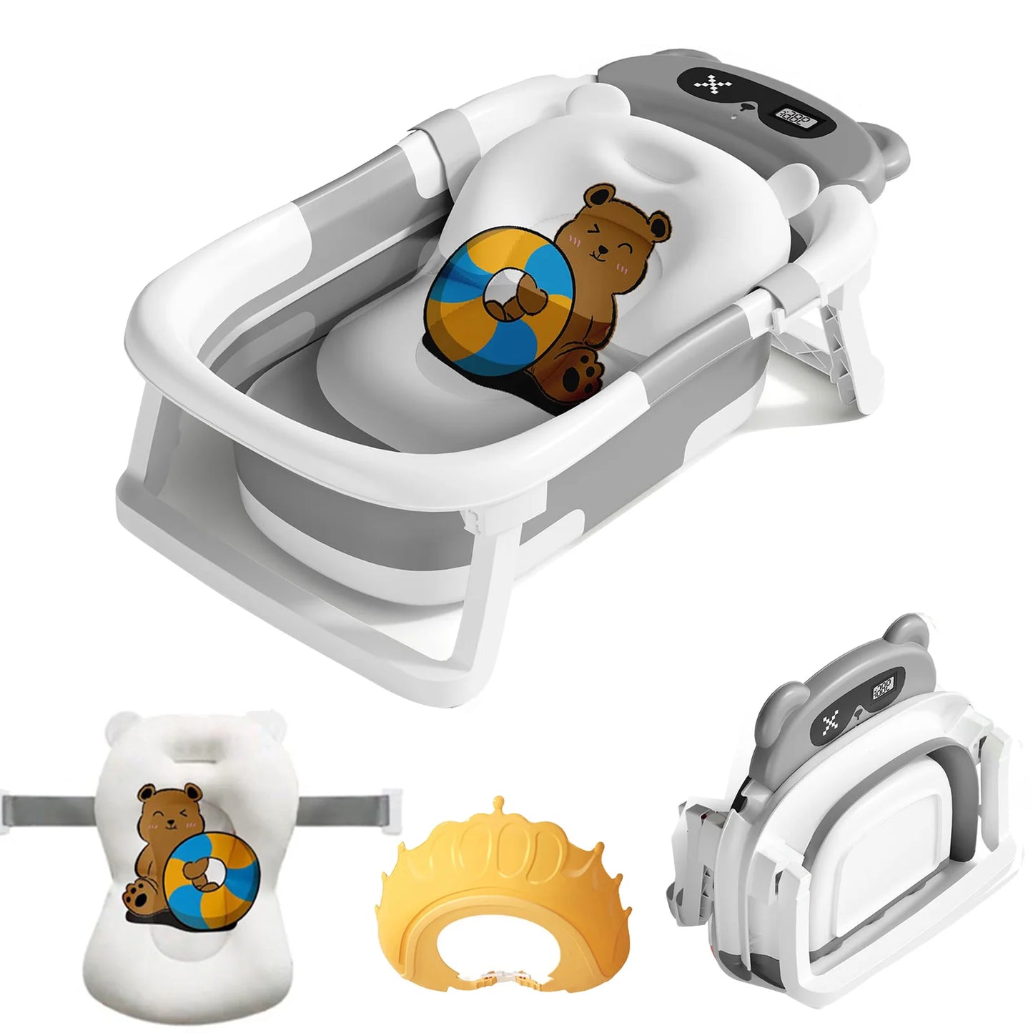 Baby Bathtub With Bath Cushion Foldable Tub Thermometer Shower Cap
