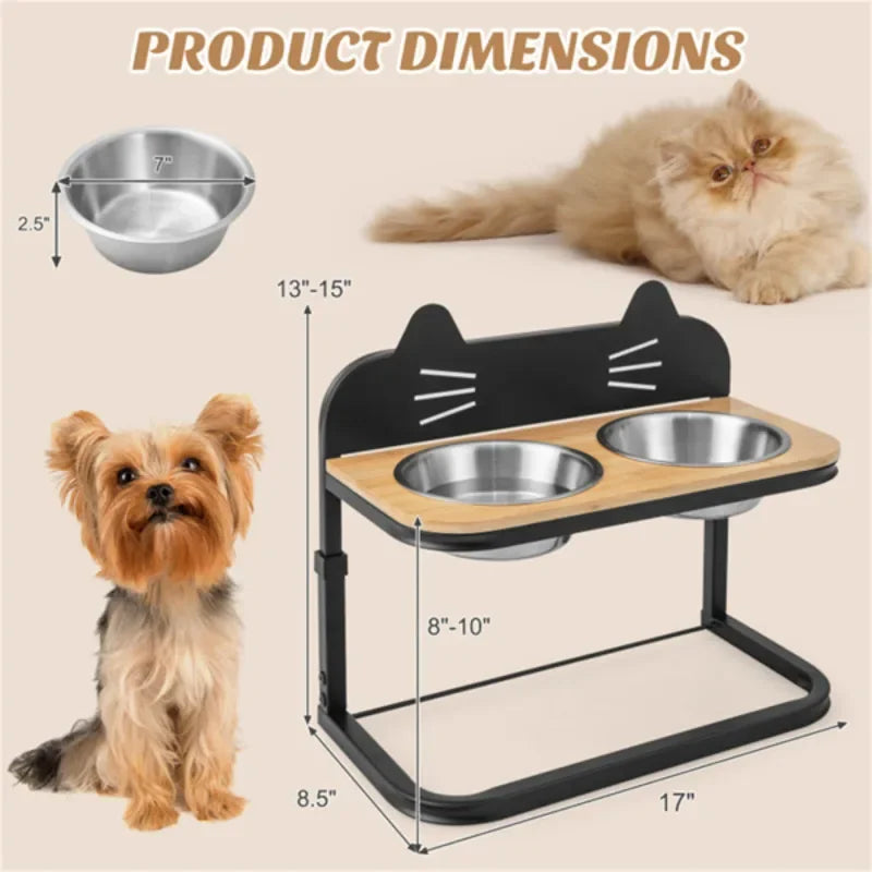 Pet Feeder With 2 Stainless Steel Bowls Adjustable Height