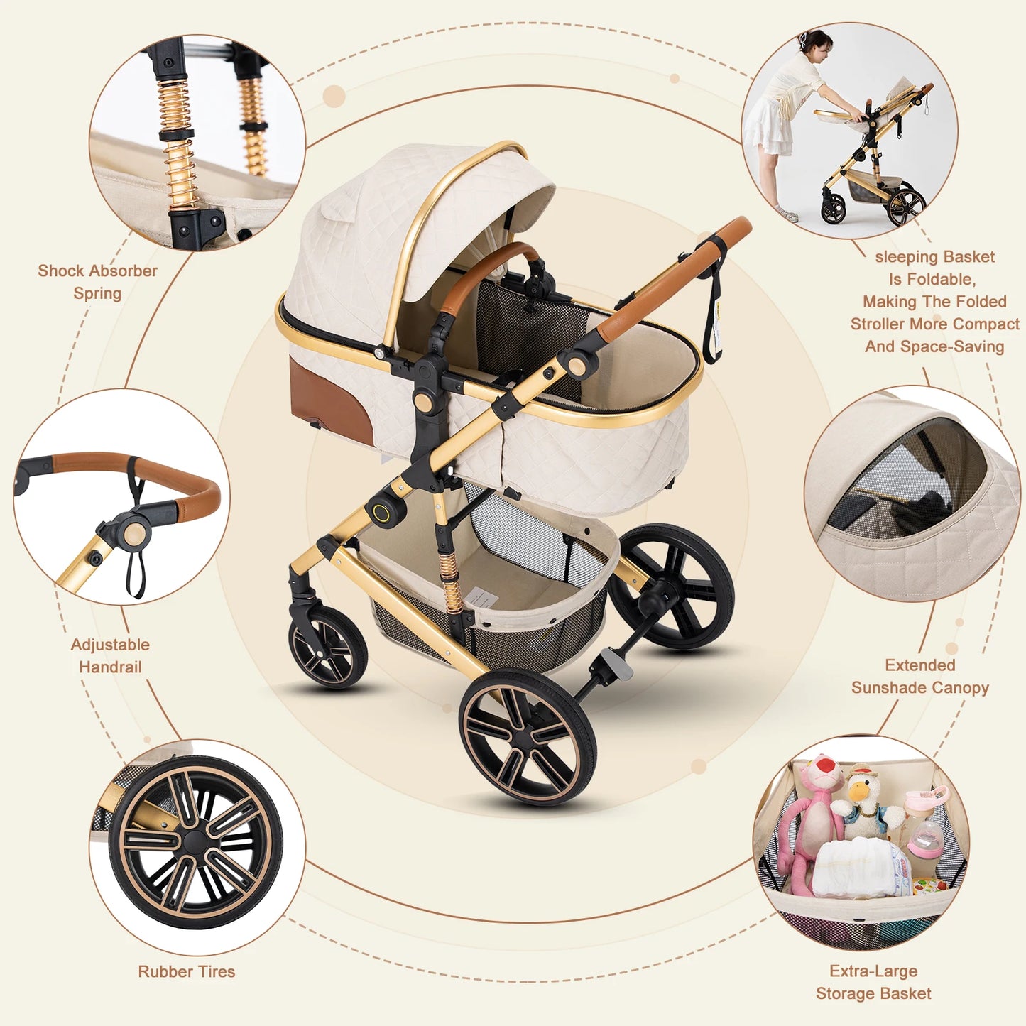 2 In 1 Baby Stroller Foldable Lightweight Reversible Bassinet Pram