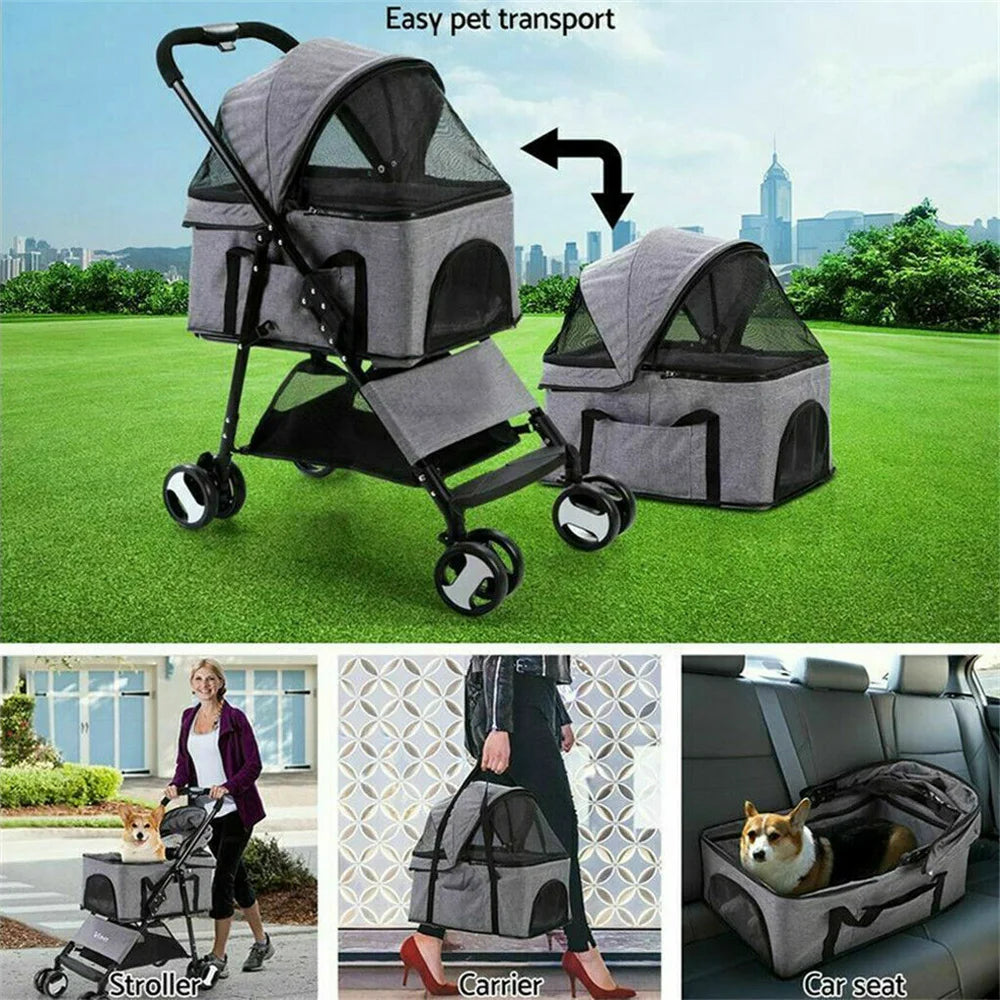Foldable Pet Dog Stroller With Storage Basket And Four Wheels
