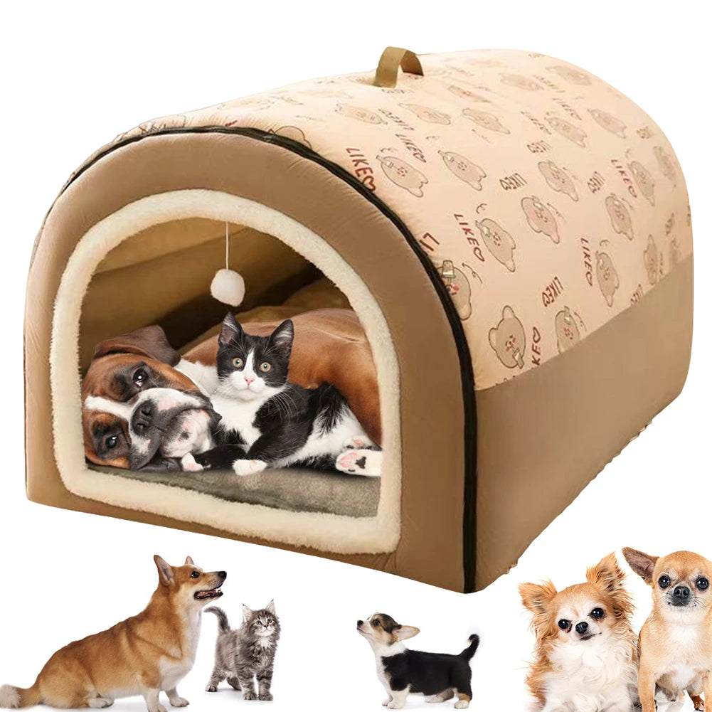 Warm Winter Dog House Mat and Detachable Cave Shelter Bed