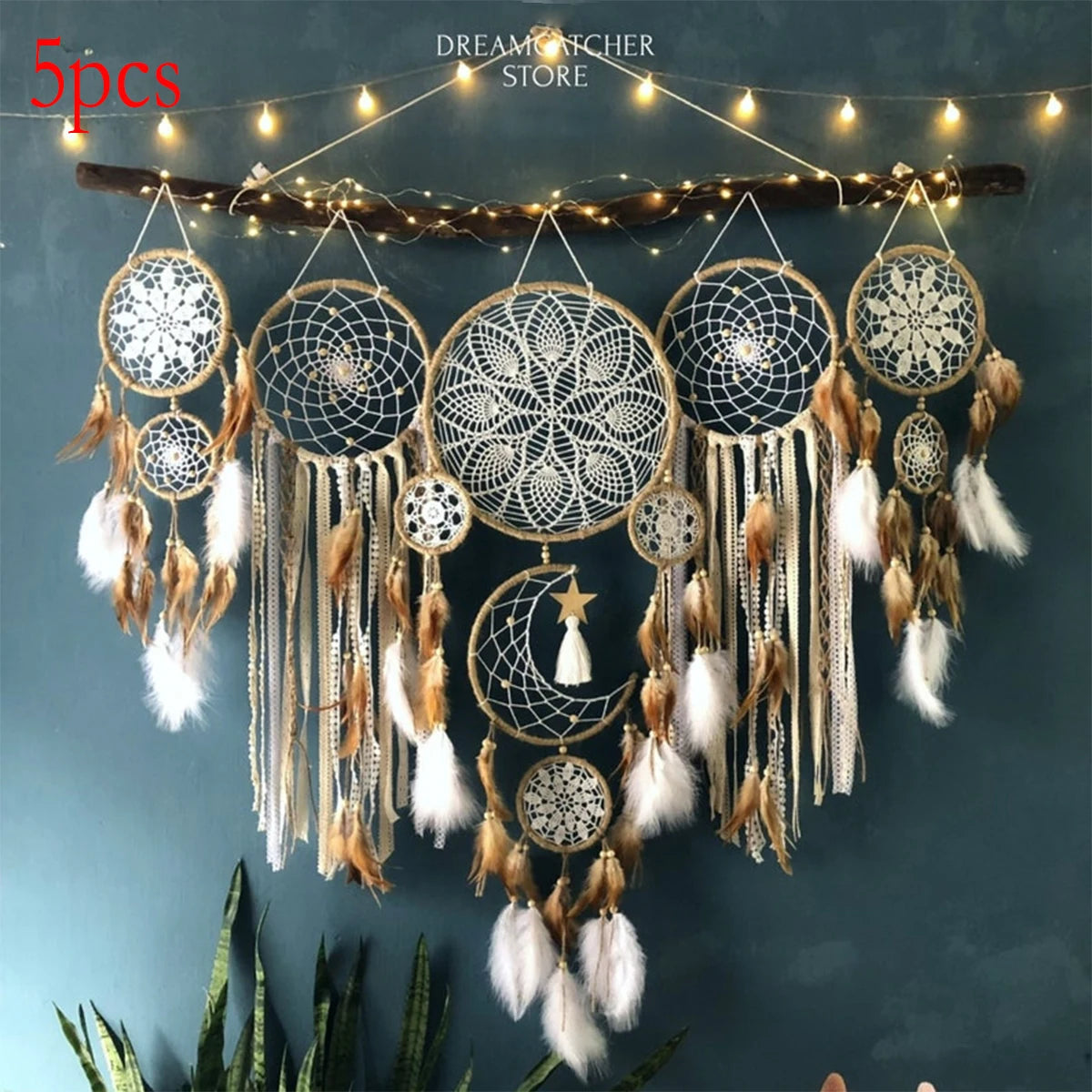 Five Piece Dream Catcher Set Moon Sun Bohemian Wall Decor