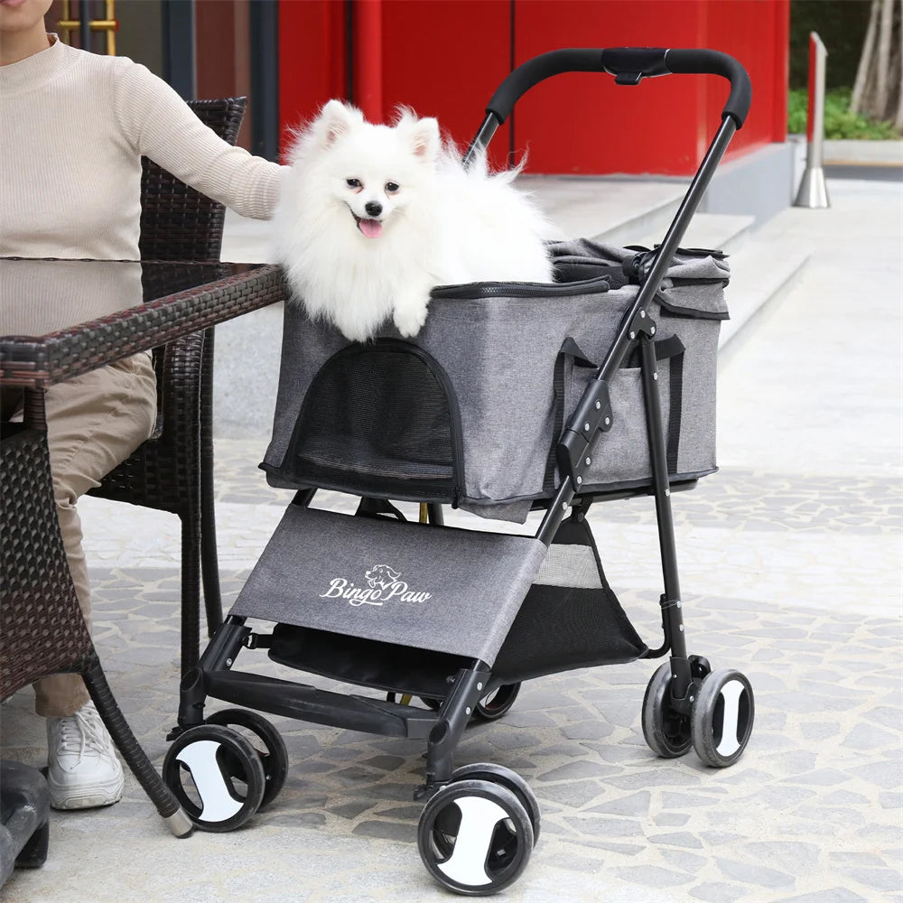 Foldable Pet Dog Stroller With Storage Basket And Four Wheels