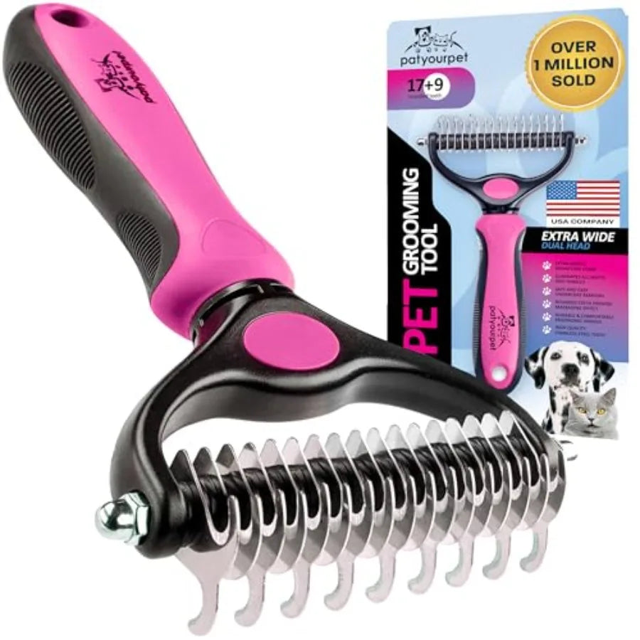 Deshedding Double-Sided Dog And Cat Brush Stainless Steel Silicone Grooming Tool