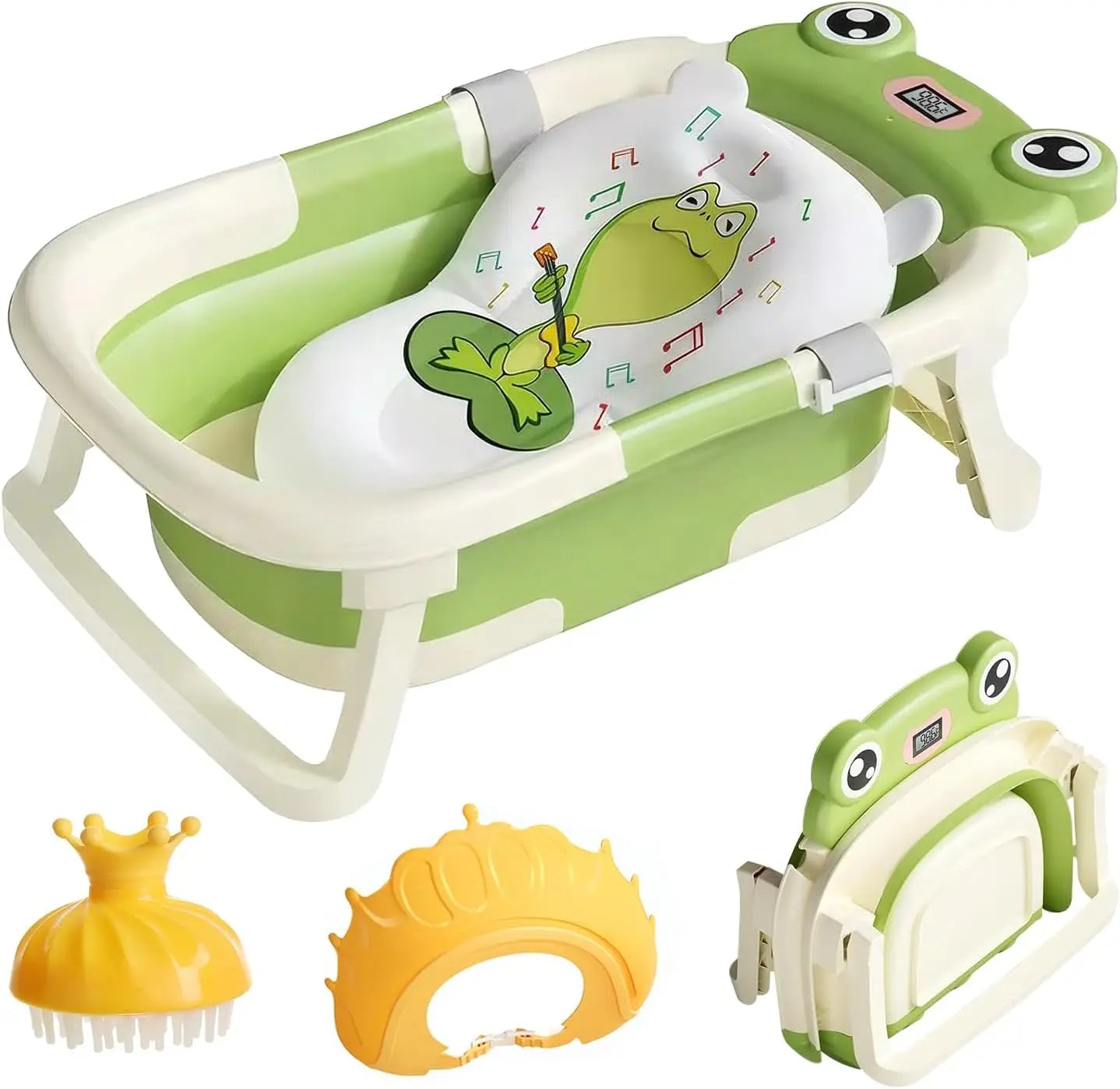 Baby Bathtub With Bath Cushion Foldable Tub Thermometer Shower Cap