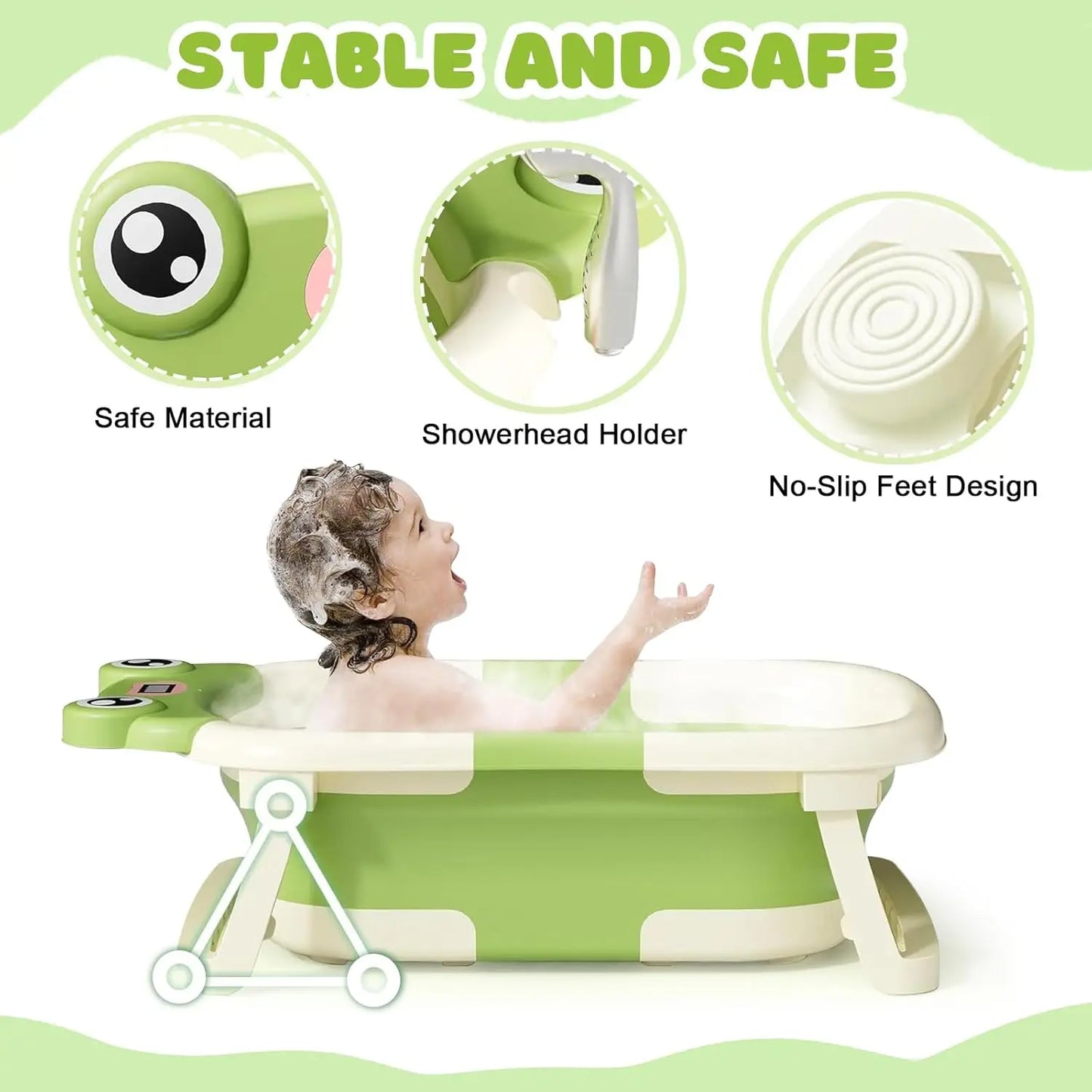 Baby Bathtub With Bath Cushion Foldable Tub Thermometer Shower Cap