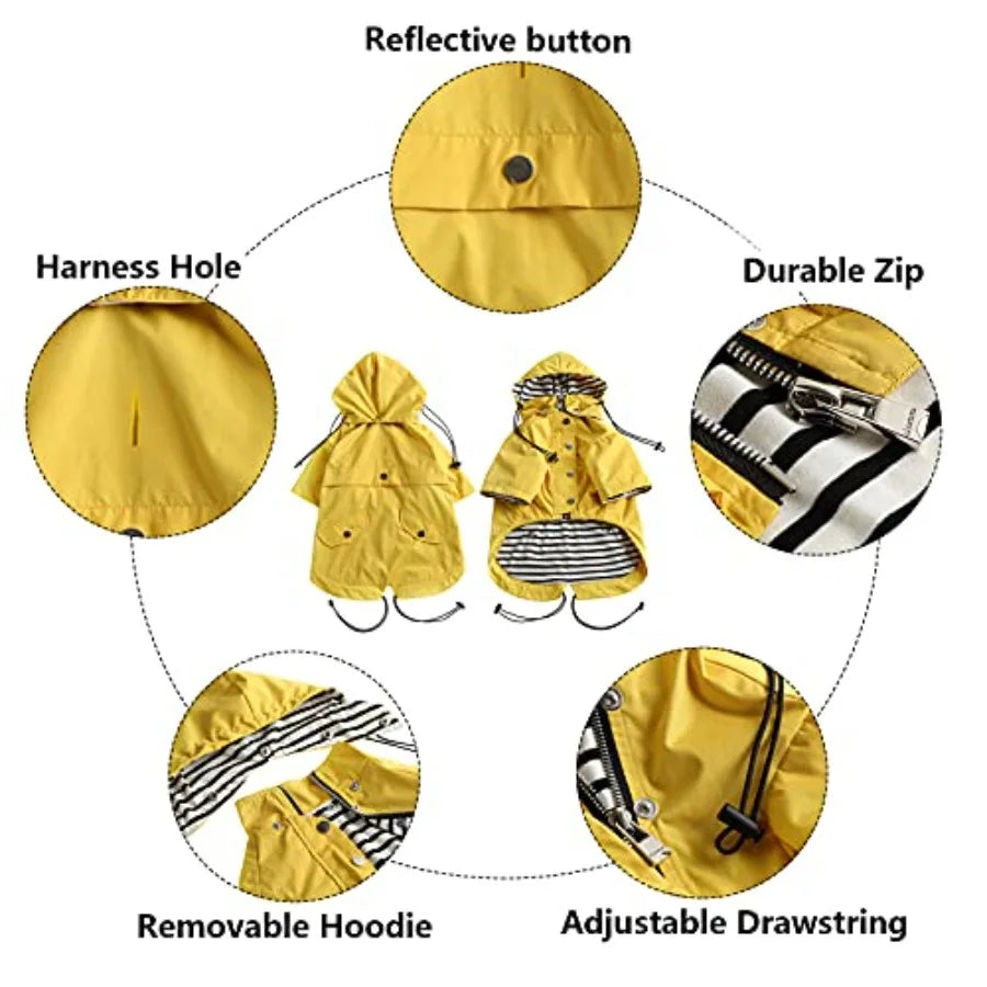 Dog Zip Up Raincoat With Reflective Buttons Hood And Legs