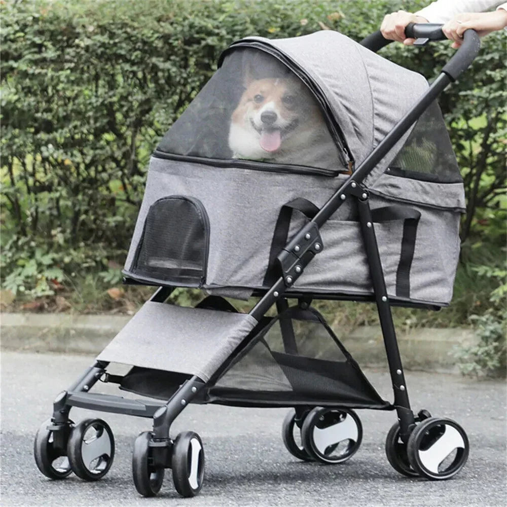 Foldable Pet Dog Stroller With Storage Basket And Four Wheels