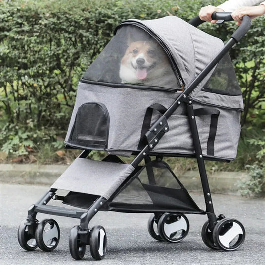 Foldable Pet Dog Stroller With Storage Basket And Four Wheels