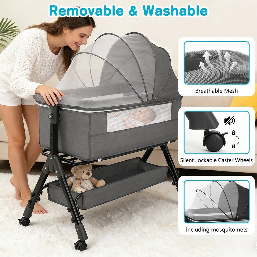 Baby Bassinet Bedside Sleeper Newborn Crib With 360 Mesh Window