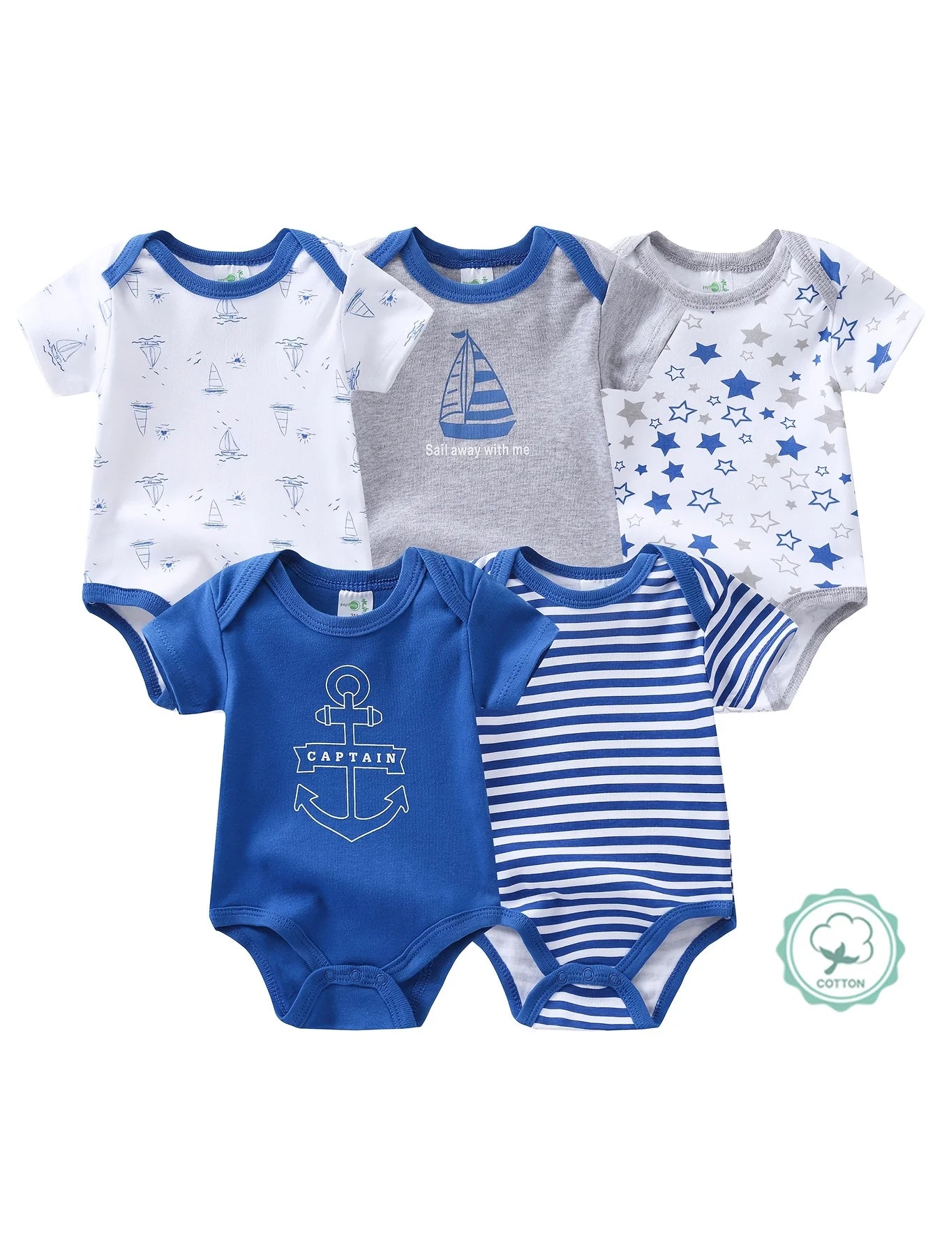 Baby Boy 5 Piece Sailboat Romper Set Soft Breathable Cotton