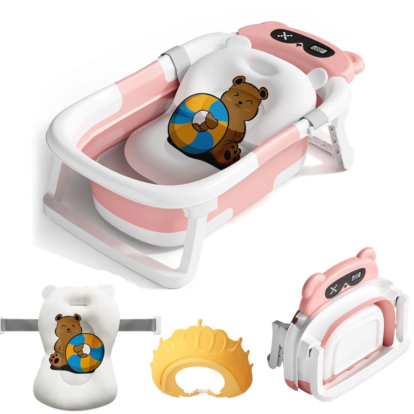 Baby Bathtub With Bath Cushion Foldable Tub Thermometer Shower Cap