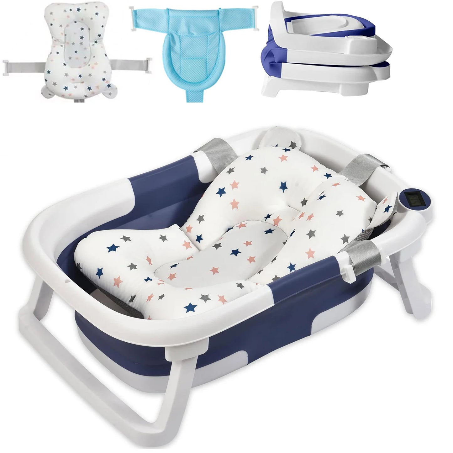 Foldable Baby Bath Tub With Cushion Thermometer Shower Cap